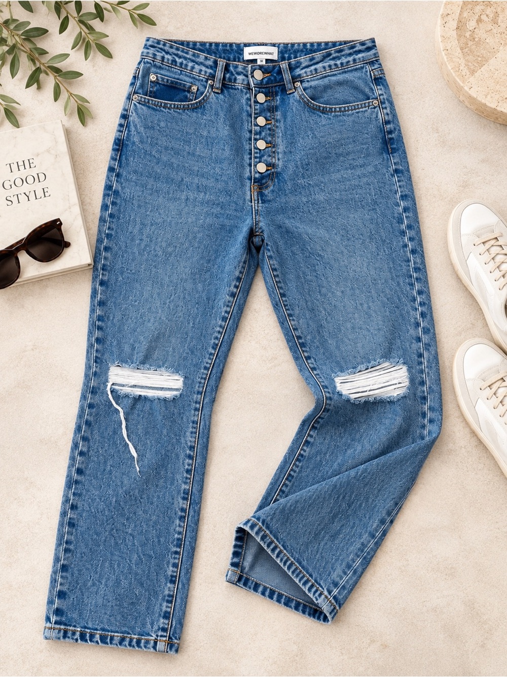 WeWoreWhat High Rise Straight Leg Jeans Size 30 Distressed Button Fly